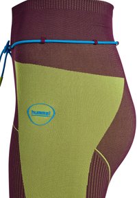 Leggings met een kastanjebruwe tailleband en groene panelen. Kenmerkt zich door gestructureerde stof en een blauwe trekkoord. Bevat een klein blauw logo.