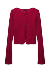 Roter gerippter Strickcardigan mit langen Ärmeln, rundem Halsausschnitt und vorderem Bindedetail. Weiche Textur, cropped Schnitt. Das Etikett trägt den Namen "CALLIOPE."