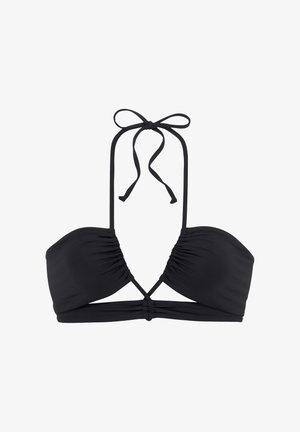 Črn modrček z ruščenjem, v bandeau slogu, z vezavami okrog vratu in designom križanih trakov na sprednji strani. Gladka tekstura.