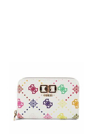 Portefeuille blanc à fermeture éclair entière avec logos Guess multicolores en motif losange et emblème Guess doré au centre.