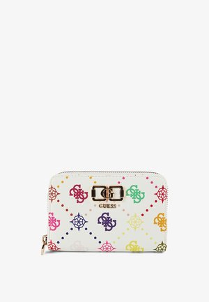 Witte portemonnee met ritssluiting rondom, voorzien van multicolor Guess-logo's in diamantpatroon en een gouden Guess-embleem in het midden.
