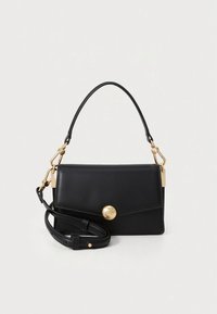 Mustast nahast käekott kumera sangaga ja eemaldatava rihmaga. Omadustega magnetlukk, kuldsed detailid ja sile pind.