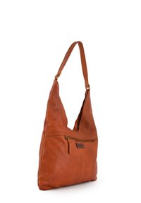 Orange læder skuldertaske med en afslappet design, der har en frontlomme med lynlås og en enkelt lang rem. Glat tekstur, minimal hardware.