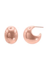 Orecchini in oro rosa con una forma ovale liscia e un design curvo a luna crescente, con superfici lucidate che riflettono la luce.