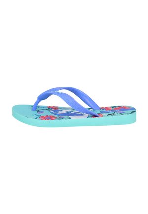 Chancla azul con una correa texturizada y una plantilla con un patrón floral sobre una suela turquesa. Ligera y fabricada en material de goma.