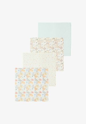 Set de patru pânze din muselină de bumbac în diverse culori pastelate. Modelele includ animale jucăușe și designuri abstracte pe o țesătură moale și texturată.