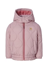 Veste matelassée pour enfants de couleur rose clair avec capuche, fermeture éclair frontale, taille et poignets élastiques, ainsi que deux poches latérales.
