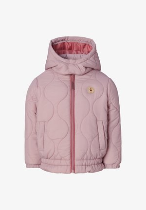 Giacca imbottita rosa chiaro per bambini con cappuccio, cerniera frontale, vita e polsini elasticizzati, e due tasche laterali.