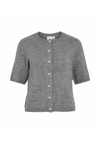 Grijze korte mouw cardigan, gebreide textuur, ronde hals, met een knoopsluiting aan de voorkant met zes lichte knopen en zijsplitten aan de zoom.