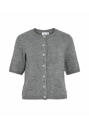 Grijze korte mouw cardigan, gebreide textuur, ronde hals, met een knoopsluiting aan de voorkant met zes lichte knopen en zijsplitten aan de zoom.
