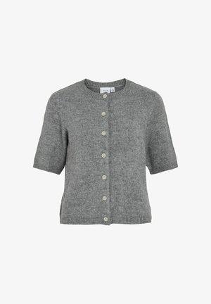Cardigan gris de manga corta, textura de punto, cuello redondo, con frente abotonado de seis botones claros y aberturas laterales en el dobladillo.