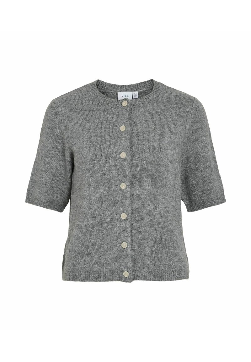 Grijze korte mouw cardigan, gebreide textuur, ronde hals, met een knoopsluiting aan de voorkant met zes lichte knopen en zijsplitten aan de zoom.