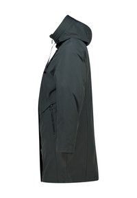 Veste imperméable vert foncé avec une capuche, poches latérales zippées, coupe droite et texture lisse. Elle présente des éléments de design minimalistes.
