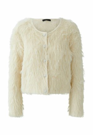 Flauschige Creme-Cardigan mit langen Ärmeln, Rundhalsausschnitt und fünf Knöpfen. Hat eine strukturierte, strubbelige Erscheinung.