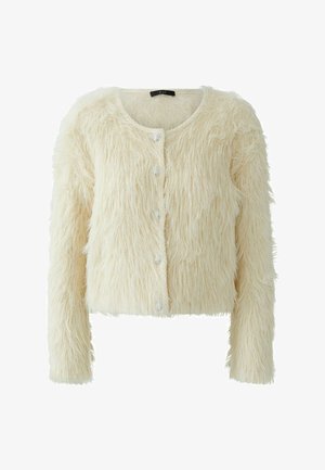 Furry cream cardigan with long sleeves, round neckline, and five button closure. Features a textured, shaggy appearance.