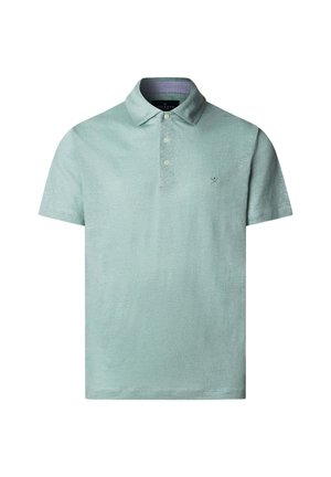 Lysegrøn kortærmet poloshirt med tre knapper, en foldet krave og et lille korsede pagajslogo på venstre bryst.
