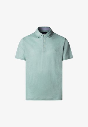 Lysegrøn kortærmet poloshirt med tre knapper, en foldet krave og et lille korsede pagajslogo på venstre bryst.
