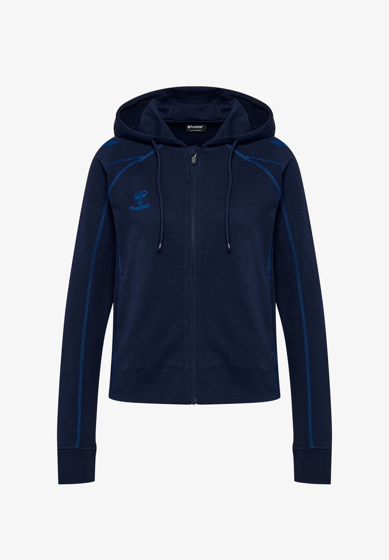 Dunkelblauer Kapuzenpullover mit Reißverschluss, Kapuze, langen Ärmeln, blauen Nähakzenten und kleinem Logo auf der linken Brust und der rechten Schulter.