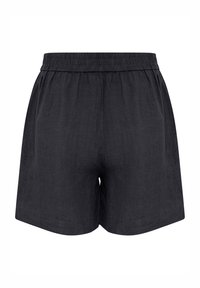 Shorts en lin gris foncé avec une ceinture élastique, présentant une coupe ample et une texture lisse. Design épuré sans détails supplémentaires.