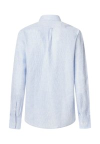 Camicia a maniche lunghe a scacchi blu chiaro con colletto button-down, orlo arrotondato e polsini abbottonati. Tessuto morbido, vestibilità su misura.
