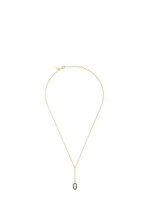 Feine Goldkette mit einem kleinen, vertikalen ovalen Anhänger, der abwechselnd mit schwarzen und weißen Steinen verziert ist.