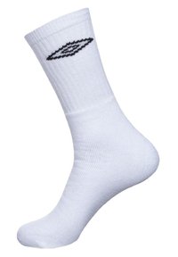 Chaussette en coton blanc avec une texture côtelée, présentant un design de logo noir près du haut. Longueur cheville avec une finition lisse.