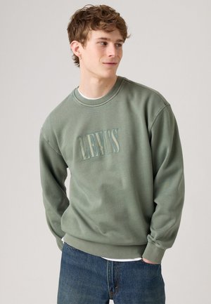 Lichtgroene sweatshirt met geborduurd "LEVI'S" logo, ronde halslijn en een relaxte pasvorm. Gecombineerd met blauwe denim jeans. Zachte stoftextuur.