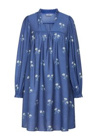 Blaues Blumenkleid mit langen Ärmeln, gerafften Manschetten, einem plissierten Oberteil und einem V-Ausschnitt. Enthält weiße Blumen mit grünen Stielen.