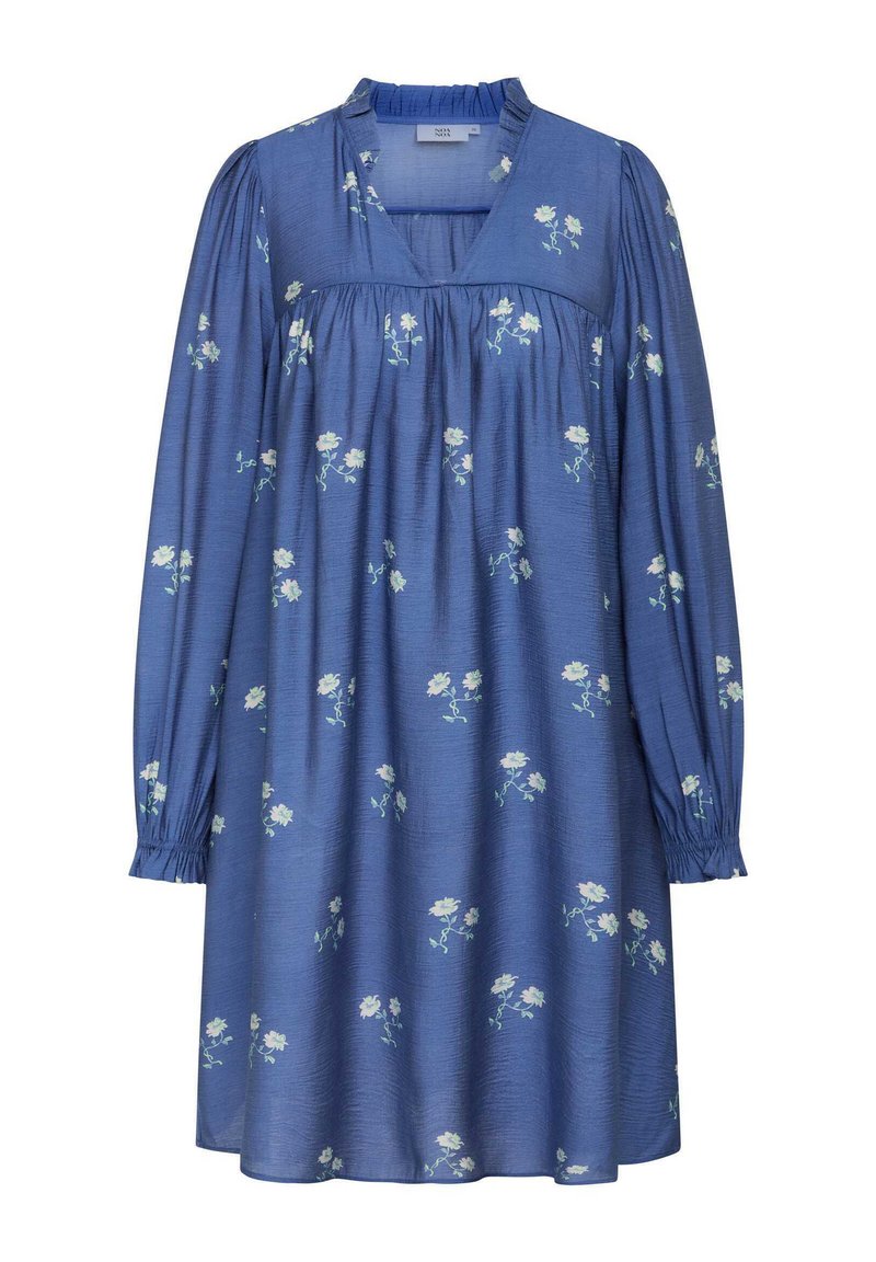 Blaues Blumenkleid mit langen Ärmeln, gerafften Manschetten, einem plissierten Oberteil und einem V-Ausschnitt. Enthält weiße Blumen mit grünen Stielen.