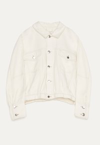 Off-white denim jacket with silver snap buttons, chest flap pockets, buttoned cuffs, and a classic collar, laid flat on a white background.