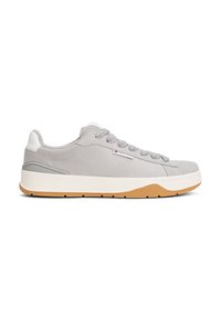 Gray suede sneakers with a white rubber sole and gum outsole. Features rounded toe, lace-up design, and small logo on the side.