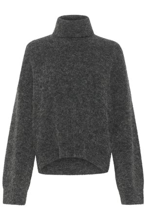 Dunkelgrauer, flauschiger Rollkragenpullover mit lockerer Passform und überschnittenen Schultern. Weicher Stoff und verkürzter Saum. Keine sichtbaren Verschlüsse.