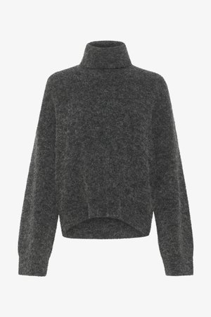 Donkergrijze, fuzzy turtleneck sweater met een relaxte pasvorm en doorhangende schouders. Zachte textuur en cropped zoomdetail. Geen zichtbare sluitingen.