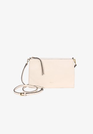 Light beige leather crossbody bag with gold hardware, zip closure, and a tassel detail. Features a detachable strap for versatile wear.
