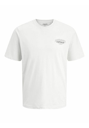 T-shirt bianco in cotone con maniche corte, collo rotondo, caratterizzato da un piccolo logo stampato sul lato sinistro del petto in grigio. Tessuto morbido e vestibilità comoda.
