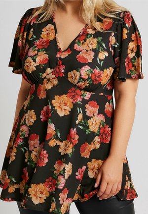 Sort blomsterbluse med korte flagrende ærmer, med levende pink, orange og gule blomster. V-hals design med en udvidet kant nederst.