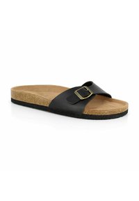 Sandale noire à semelle en liège et courroie en cuir noir réglable avec boucle en laiton. Semelle texturée pour une bonne adhérence.