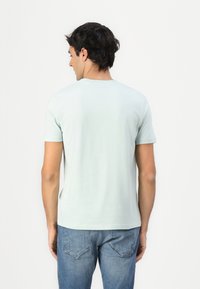 T-shirt in cotone verde chiaro con scollo rotondo e maniche corte, vista da dietro. Presenta una texture liscia e un fit rilassato.