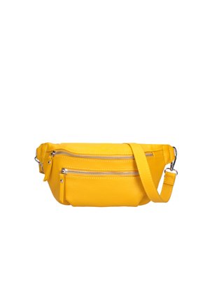Sac banane en cuir jaune avec deux poches avant zippées et une sangle réglable avec des fermoirs en métal.