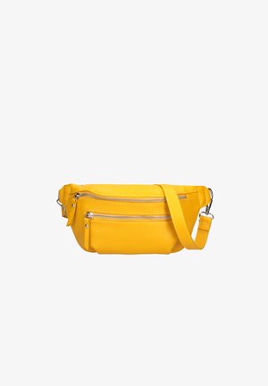 Sac banane en cuir jaune avec deux poches avant zippées et une sangle réglable avec des fermoirs en métal.