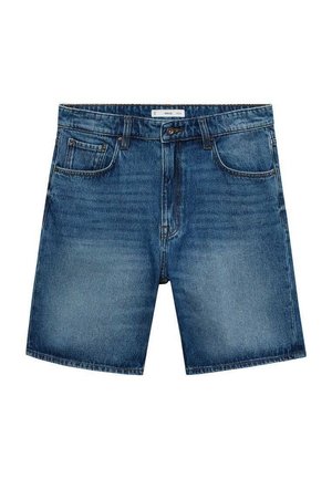 Pantalones cortos de denim en lavado azul con un ajuste clásico, cinco bolsillos, cierre de botón y detalles cosidos en el dobladillo y los bolsillos.