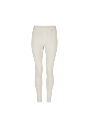 Crèmewitte, nauwsluitende leggings van volledige lengte met een naadloze tailleband en een klein stoffen label vlakbij de bovenkant, afgebeeld op een witte achtergrond.