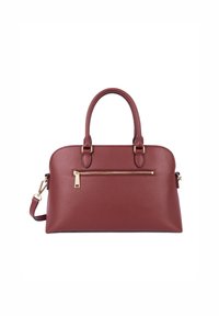 Borsa a tracolla in pelle color bordeaux con manici superiori doppi, una tracolla removibile e una tasca con zip sul davanti. Accessori in metallo color oro.