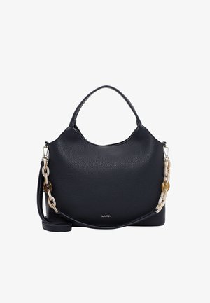 Czarna torebka ze skóry ziarnistej z dwoma uchwytami i ozdobnym łańcuszkowym paskiem. Gładka faktura z subtelnym logo na przedzie.