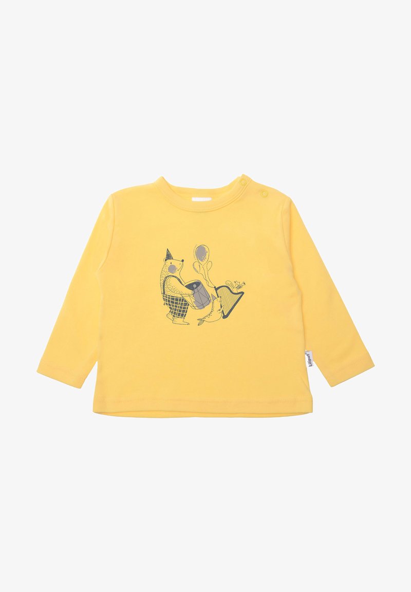Yellow long-sleeve shirt made of soft fabric. Features a gray illustration of a bear, fish, and balloon. Includes shoulder snaps for easy dressing.