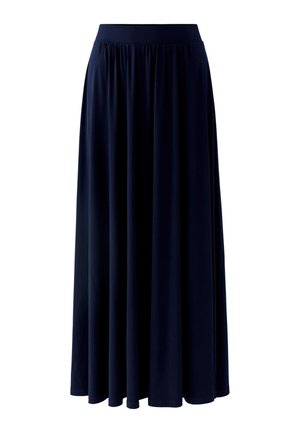 Marineblauwe, lange, zwierige rok met een brede tailleband en zachte plooien, tot aan de enkels rekkend.