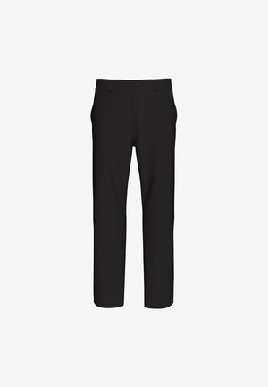 Zwarte rechte broek met knoop- en ritssluiting, lussen voor een riem en zijzakken, weergegeven op een witte achtergrond.