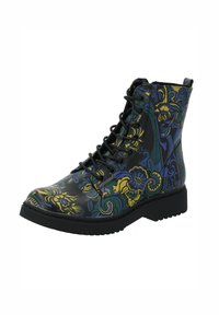 Bottes noires à la cheville avec un motif floral en bleu, vert et jaune. Présentent des lacets, une semelle en caoutchouc texturée et un design robuste.