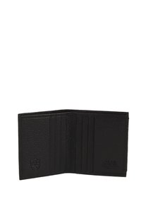 Portafoglio in pelle nera con finitura testurizzata, multiple fessure per carte, un timbro del logo e design pieghevole.