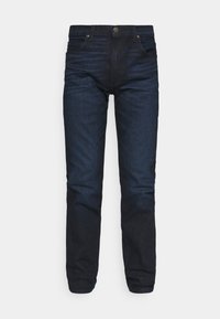 Mörkblå denimjeans med rak passform, fem fickor och knäppning. Slät textur och minimala sömdetaljer.